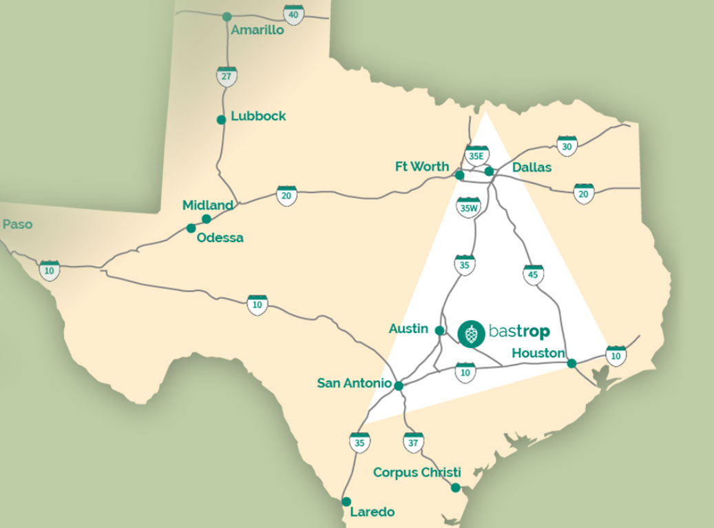 Map showing Bastrop's strategic position and connectivity in Texas.
